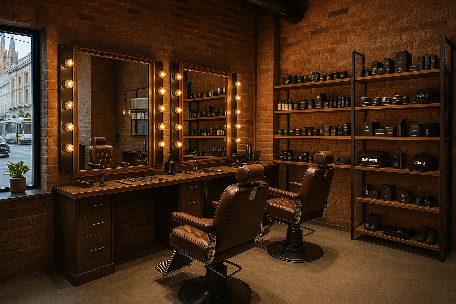 Create a high resolution backdrop of a fashionable Melbourne barber store with merchandise in the shot somewhere